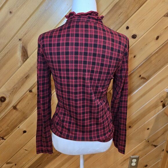 LRL Lauren Jeans Ruffled Mock Neck Top Size S Red‎ & Black Classic Plaid Cotton - Picture 6 of 8